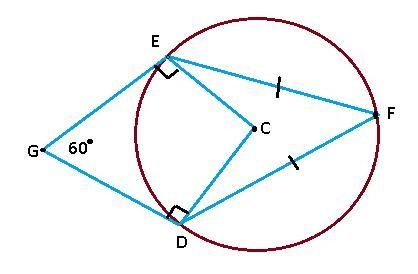 Points E, F, and D are on circle C, and angle G measures 60°. The measure of arc EF-example-1