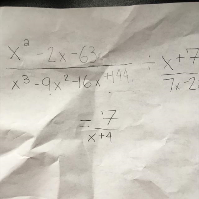 (X^2-2x-63/x^3-9x^2-16x+144)/(x+7/7x-28)-example-1