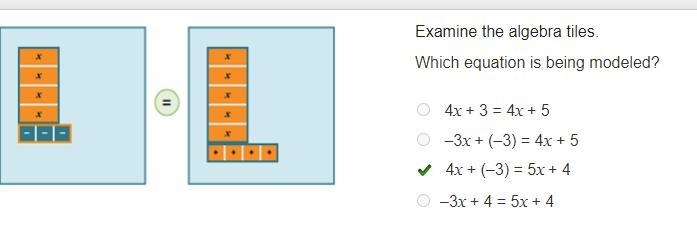 4 x tiles and 3 negative tiles = 5 x tiles and 4 positive tiles. Examine the algebra-example-1