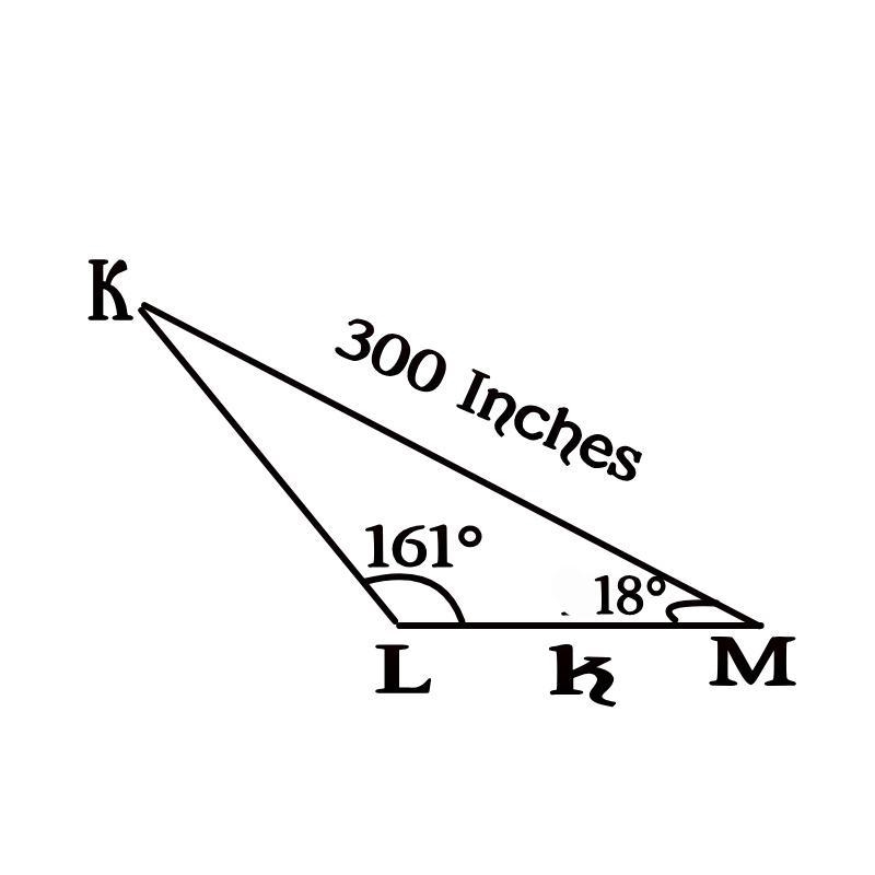 In ΔKLM, l = 300 inches, ∠L=161° and ∠M=18°. Find the length of k, to the nearest-example-1