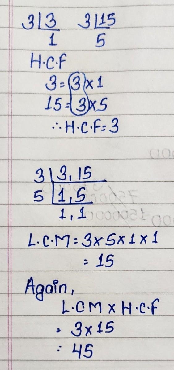 Find the product of LCM and HCF of 3 and 15​-example-1