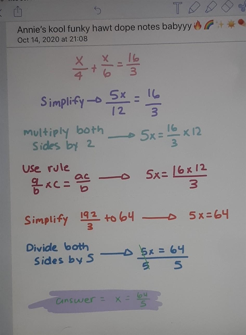 HELP ME PLEASE!!! LOTS OF POINTS!! x/4 + x/6 = 16/3 SHOW WORK.-example-1