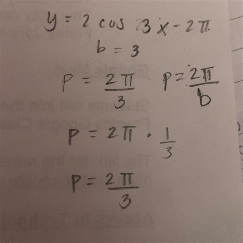 Select the correct answer. What is the period of y=2cos(3x-2) ОА. 3л ОВ. бл Ос. 3-2 OD-example-1