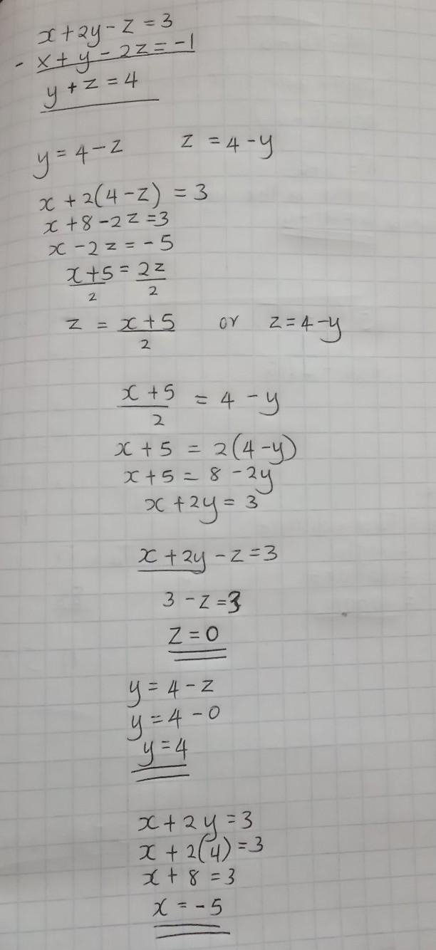 Solve the system of equations for the variables: x+2y-z=3 x+y-2z= -1-example-1