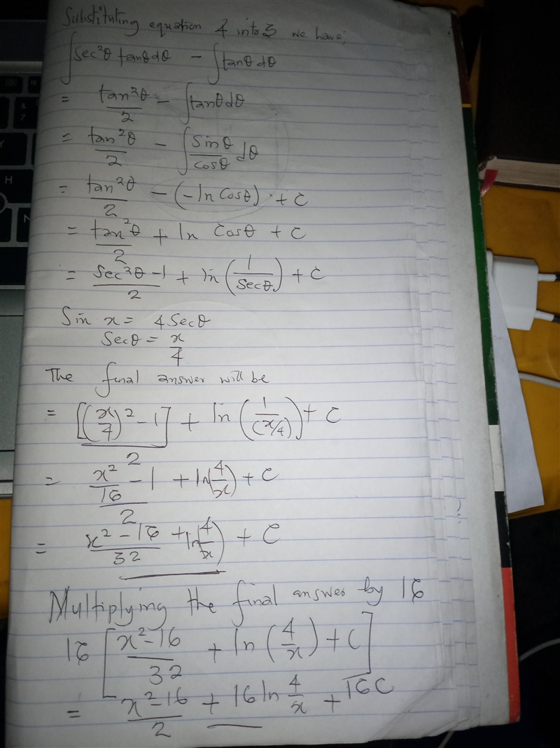 Find the indefinite integral by using the substitution x = 4 sec(θ). (Use C for the-example-3