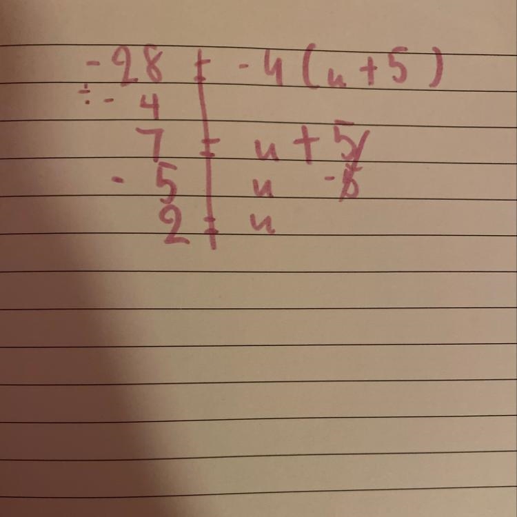 For each value of u, determine whether it is a solution to -28 = -4(u+5). Is it a-example-1