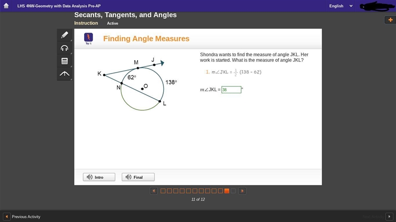 Circle O is shown. Secant K L intersects tangent K J at point K outside of the circle-example-1