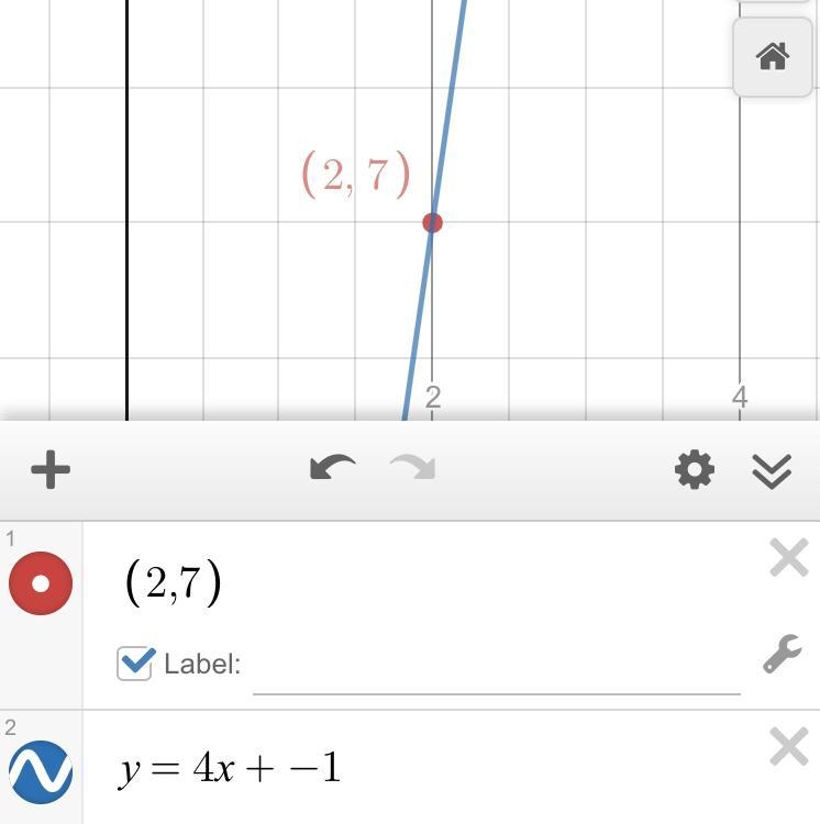 A line passes through the point (2, 7) and has a slope of 4. What is the equation-example-1