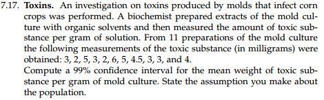 Compute a 99% confidence interval for the mean weight of toxic substance per gram-example-1