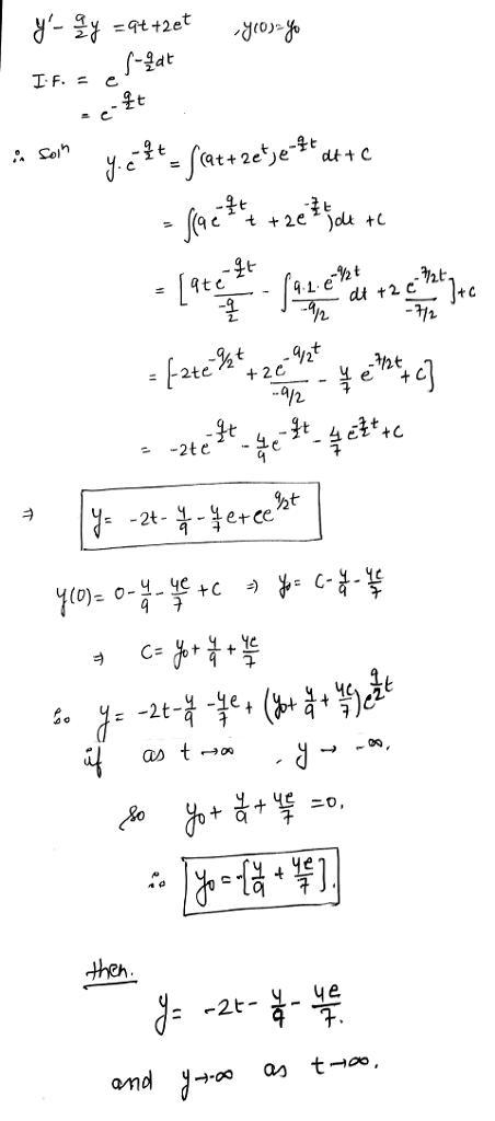 Consider the initial value problem y' − 9 2 y = 9t + 2et, y(0) = y0. Find the value-example-1