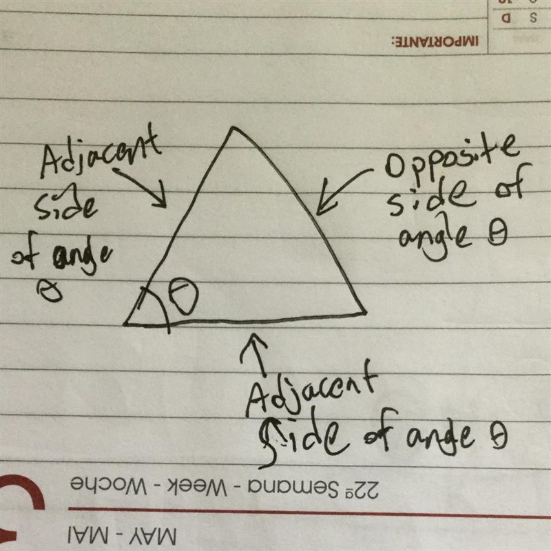 I'm doing sine, cosine, and tangent and I don't know what an opposite is in the triangle-example-1