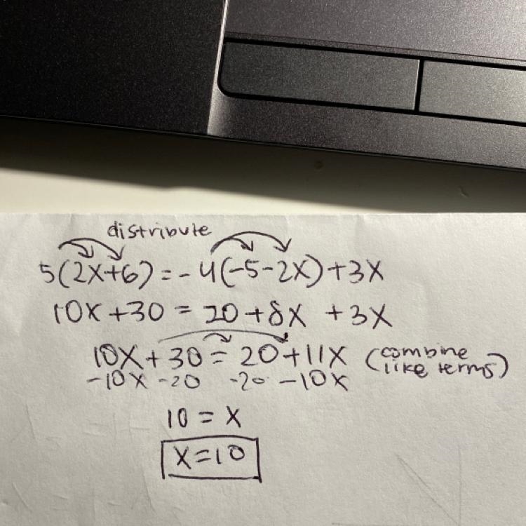 5(2x + 6) = -4(-5 - 2x) + 3x show your work​-example-1