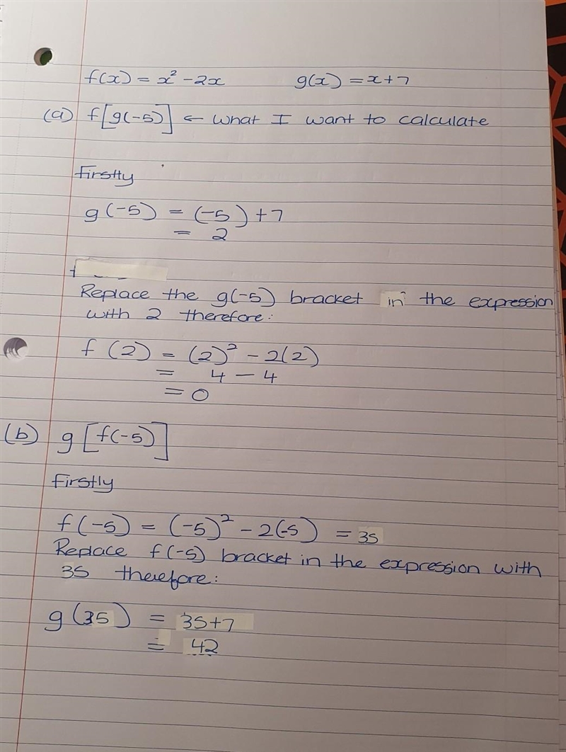 Given that f(x)=x^2-2x and g(x)=x+7, calculate a) (f o g)(-5) b) (g o f)(-5)-example-1