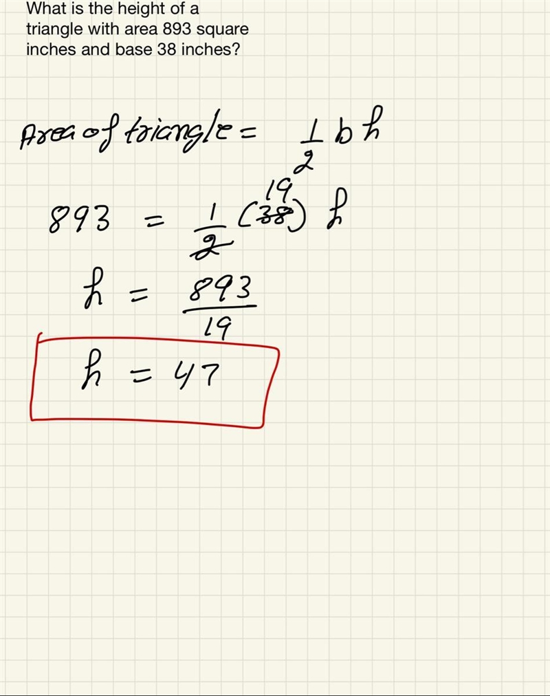 What is the height of a triangle with area 893 square inches and base 38 inches?-example-1