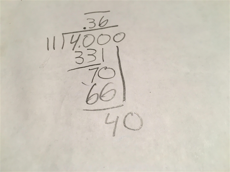 Convert 4/11 to a decimal using long division-example-1