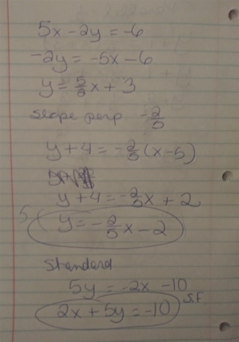 Which equations represent the line that is perpendicular to the line 5x – 2y = -6 and-example-1