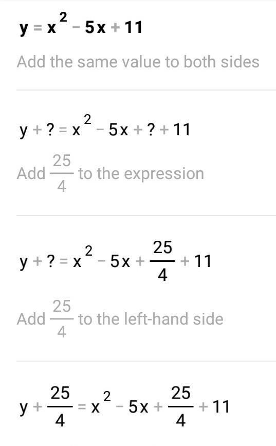 Find the solutions by using the quadratic formula: * y=x2 – 5x +11-example-1