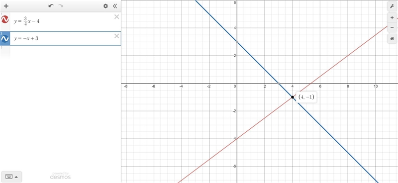 The system of equations y = three-fourths x minus 4 and y = –x + 3 is shown on the-example-1