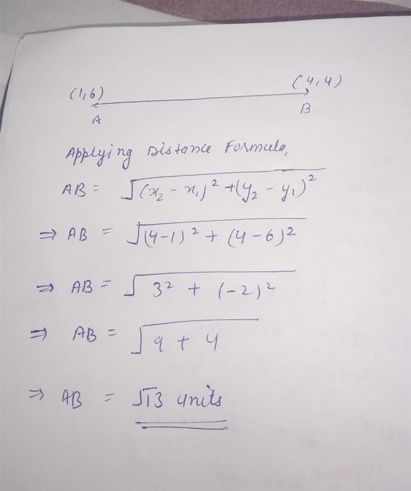 3. find the distance of the line segment with the given end points (1, 6) and (4, 4)-example-1