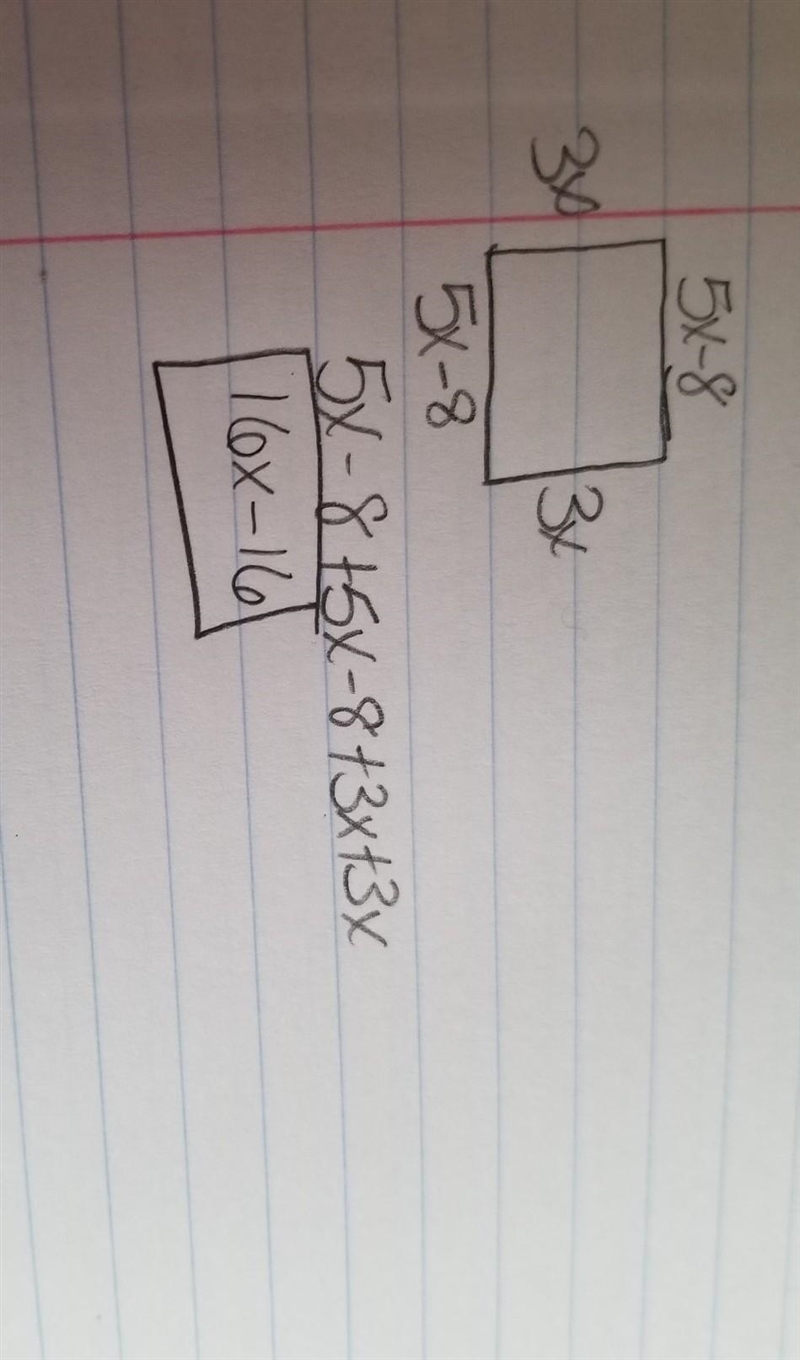 Find the perimeter of a square if he sides are 5x-8 and 3x. * A. 12x B. 10x + 14 C-example-1