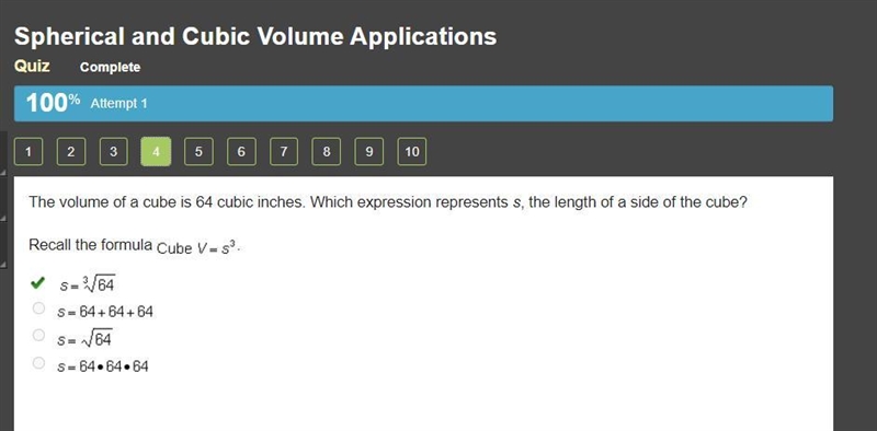 The volume of a cube is 64 cubic inches. Which expression represents s, the length-example-1