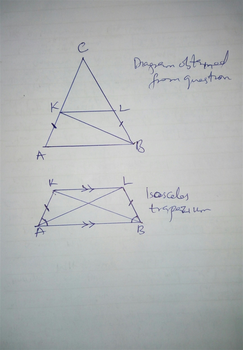 In an isosceles triangle △ABC with base of AB=8, points K and L are marked on sides-example-1