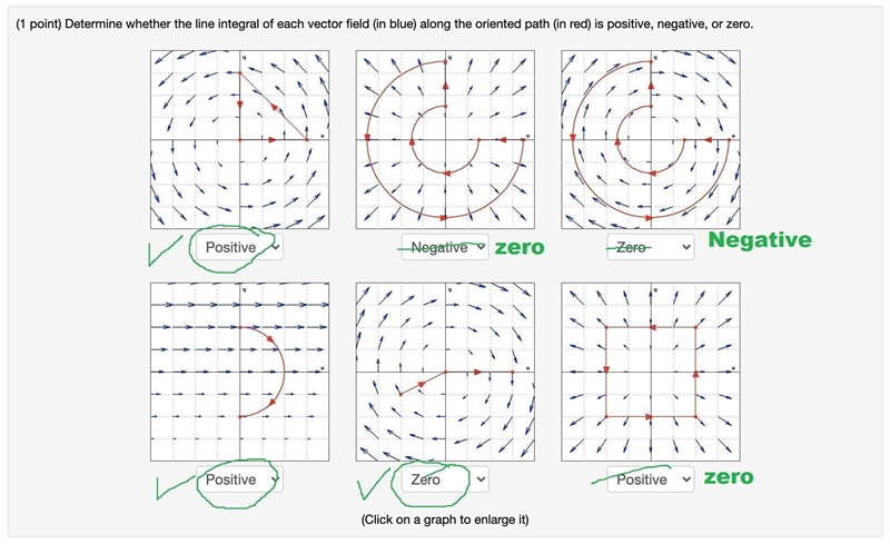 Determine whether each red path in the vector field is positive, negative, or zero-example-1