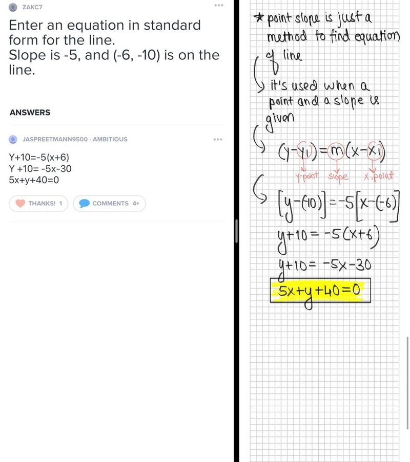 Enter an equation in standard form for the line. Slope is -5, and (-6, -10) is on-example-1