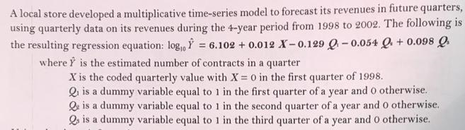 The best interpretation of the coefficient of Q2 (-0.054) in the regression equation-example-1