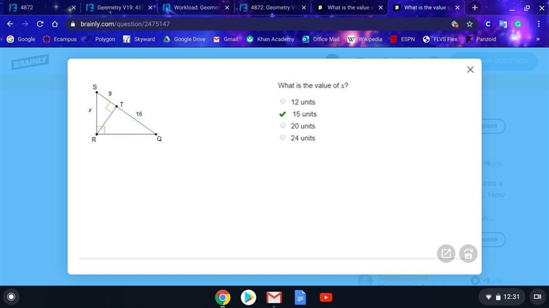 What is the value of x? 12 units 15 units 20 units 24 units ​-example-1