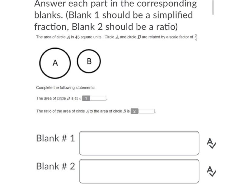 The area of circle B is 45x ____. The ratio of circle A to Circle B-example-1