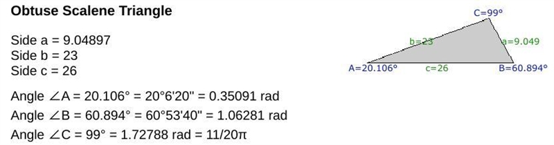 In the triangle ABC, 2BCA = 99 , AC = 23 in, and BA = 26 in. Determine the measure-example-1