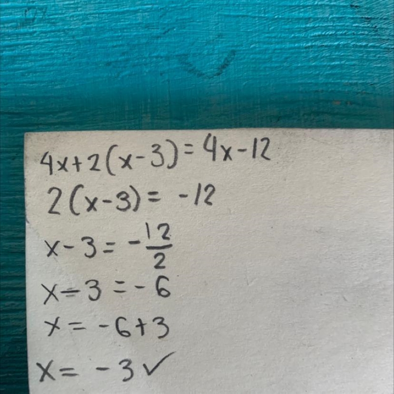 What is the solution to the equation 4x + 2(x − 3) = 3x + x − 12? (5 points) Group-example-1