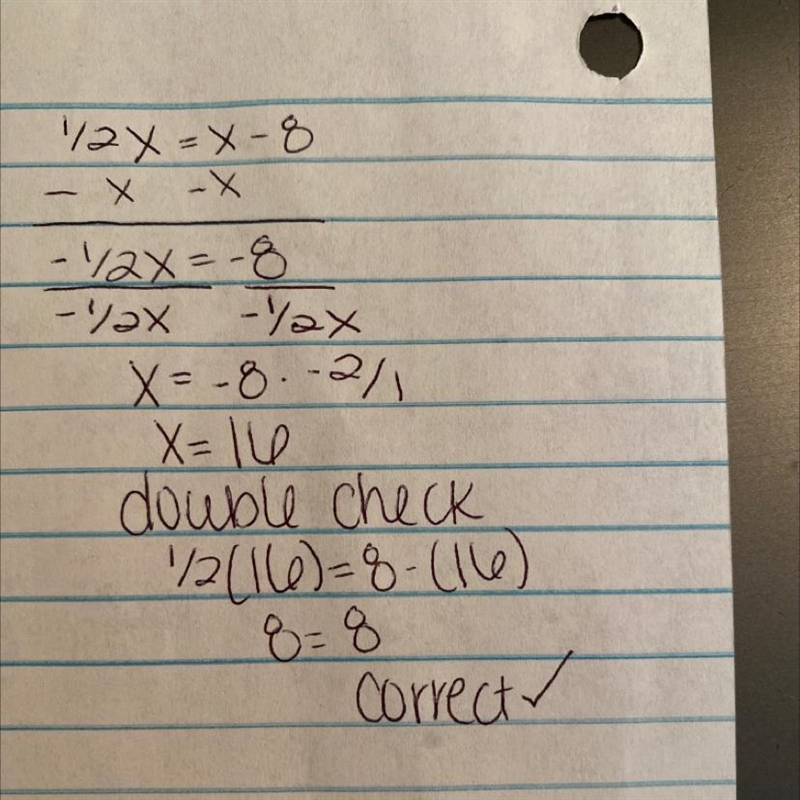 One half of a number (use x) is equal to 8 less than the same number.-example-1