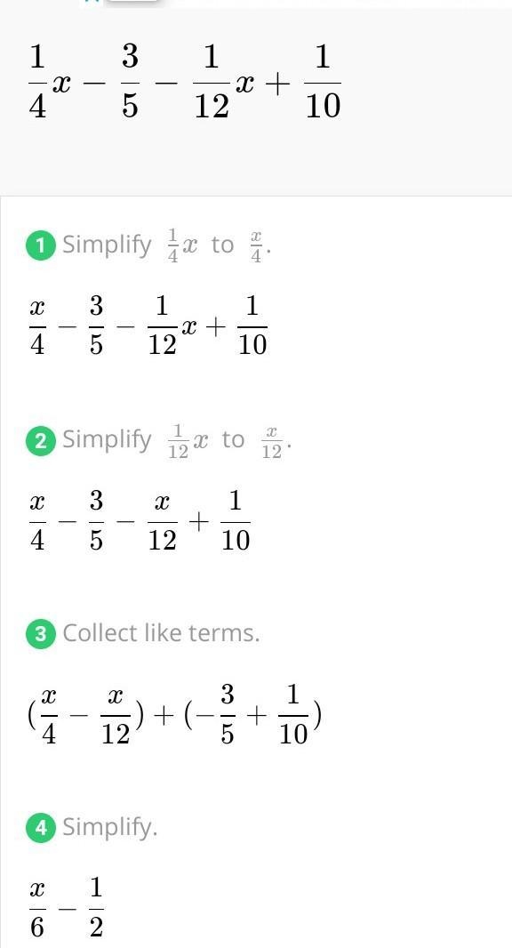 Simplify 1/4x-3/5-1/12 x+1/10-example-1