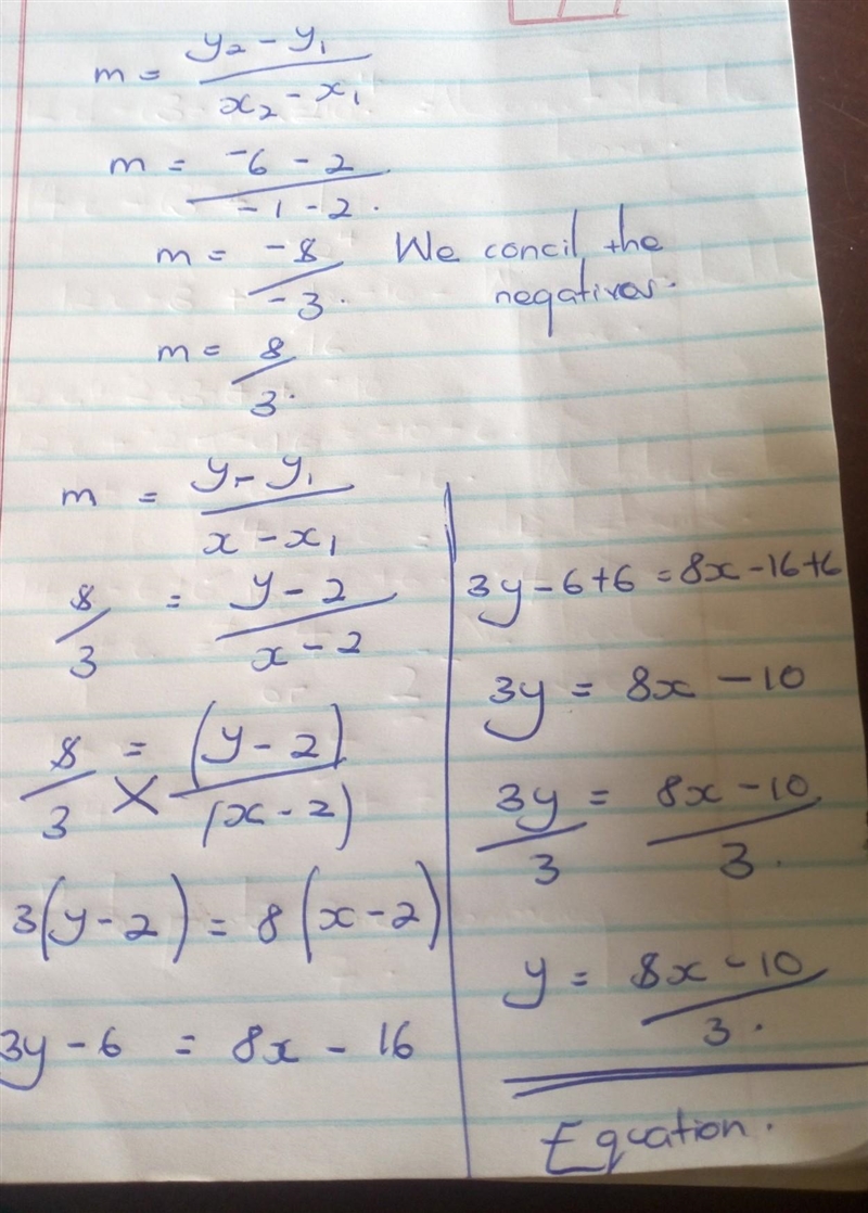 Find an equation of the line passing through the points (2, 2) and (-1,-6)?-example-1