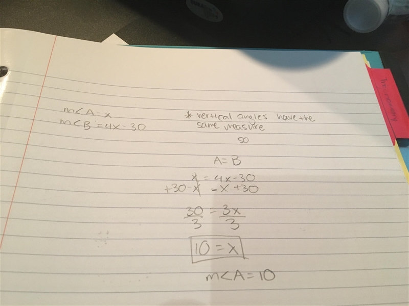 Please Help!!!! ∠A and ​∠B​ are vertical angles with m∠A=x and m∠B=4x−30. What is-example-1