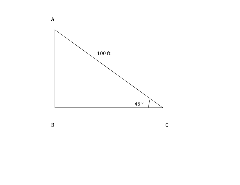 A 100-foot rope from the top of a tree house to the ground forms a 45∘ angle of elevation-example-1