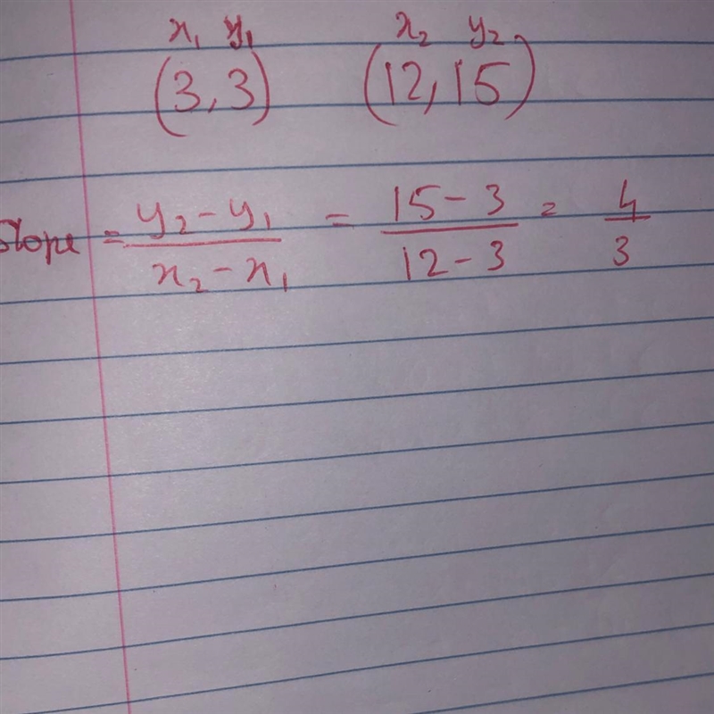 Find the slope of the line containing the points below. (3,3) and (12,15)-example-1