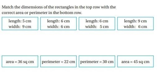 Match the dimensions of the rectangles in the top row with the correct area or perimerter-example-1