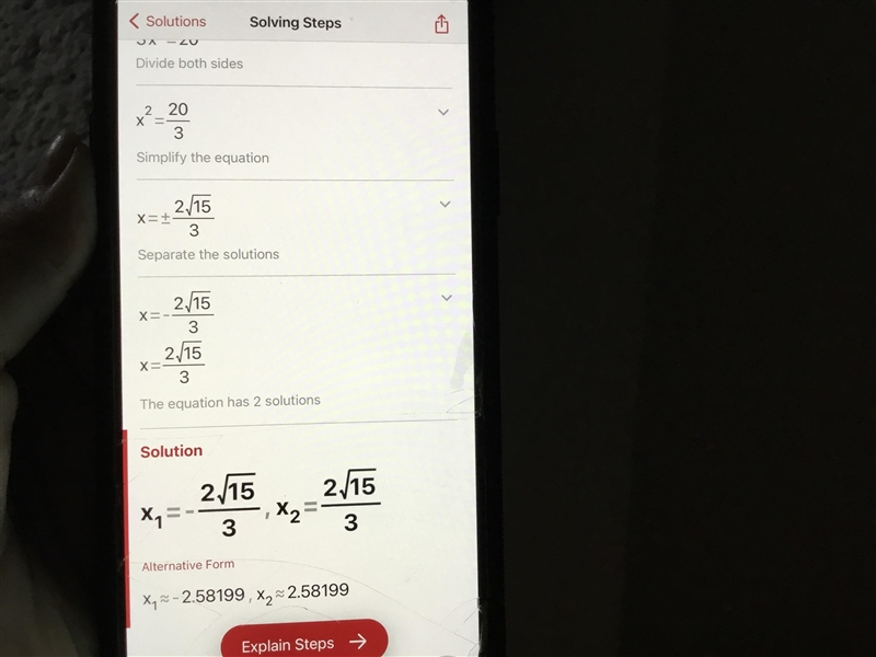 3) Solve the quadratic equation by taking square roots. 3x^2 – 8 = 12-example-1