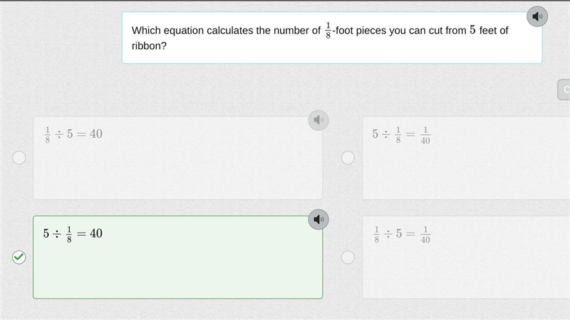 Which equation calculates the number of 1/8-foot pieces you can cut from 5 feet of-example-1