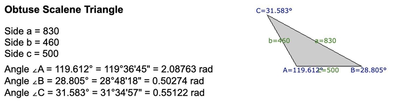 In triangle FGH, F = 830 inches, g = 460 inches and h=500 inches. Find the measure-example-1