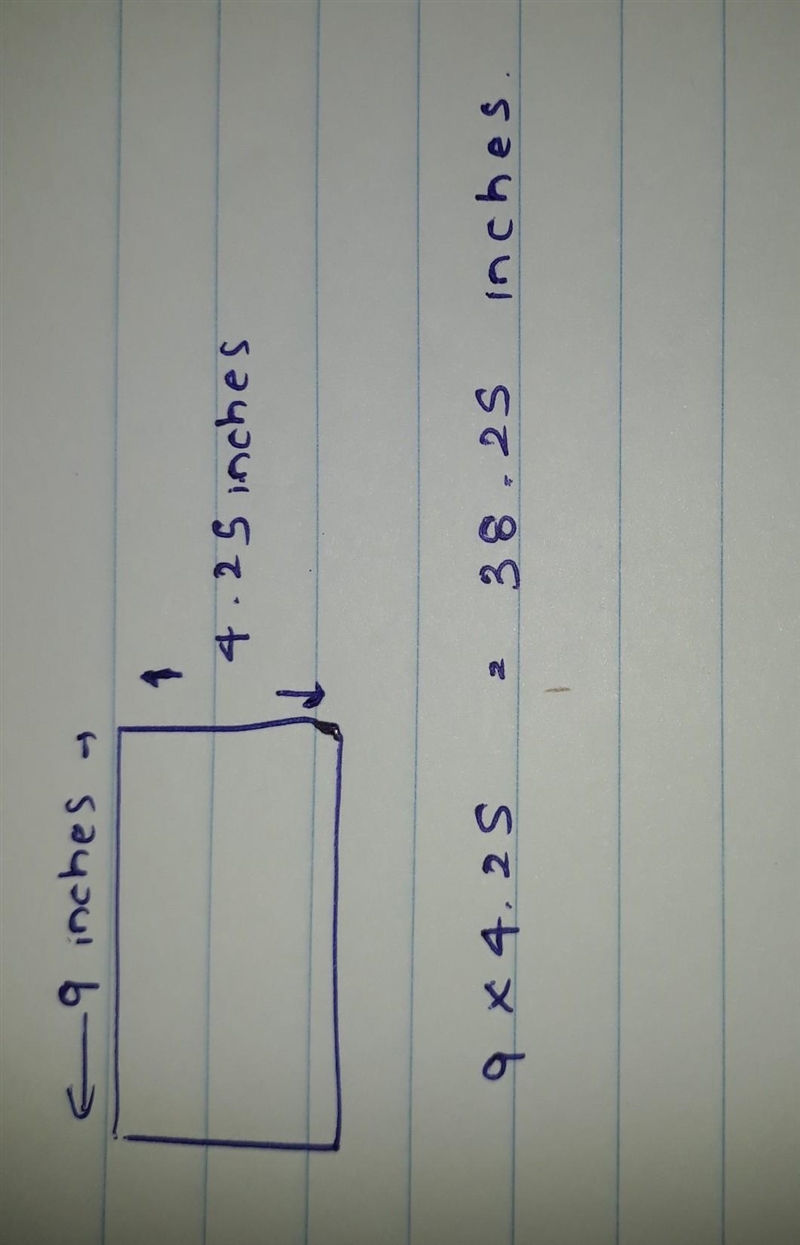 A rectangle has a length of 9.00 inches and a width of 4.25 inches. What is the area-example-1