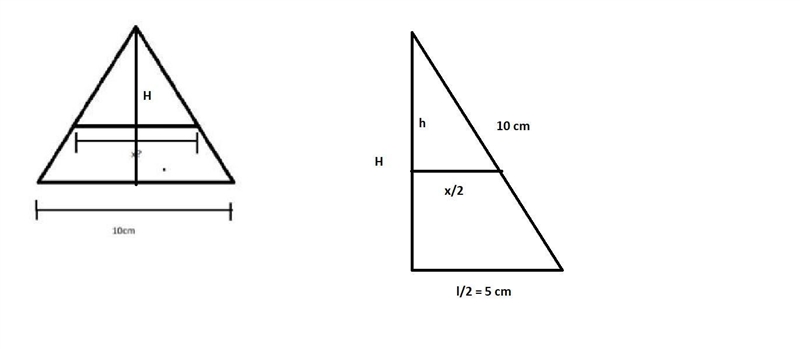 Tienes un triángulo equilátero con lados de 10cm, lo divides en dos partes de manera-example-1