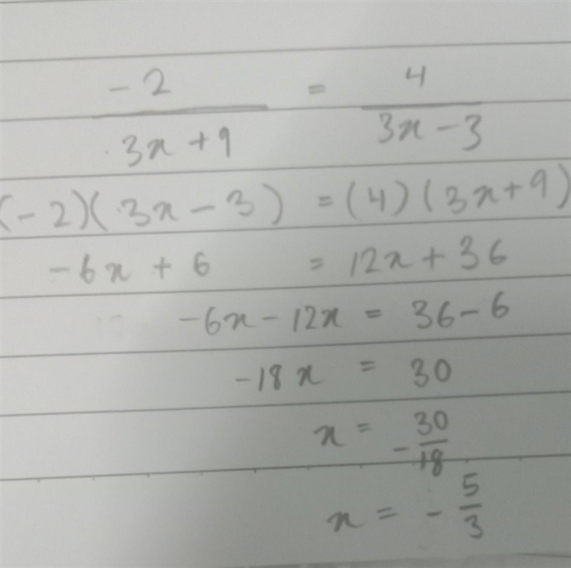 What is the value of x in the equation -2/3x+9=4/3x-3 ? ​-example-1