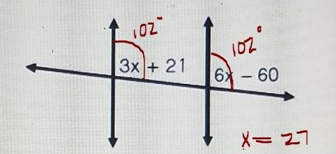 write the equation to solve for x 3x + 21 6x - 60 please help i was given 3x+21=6x-example-1