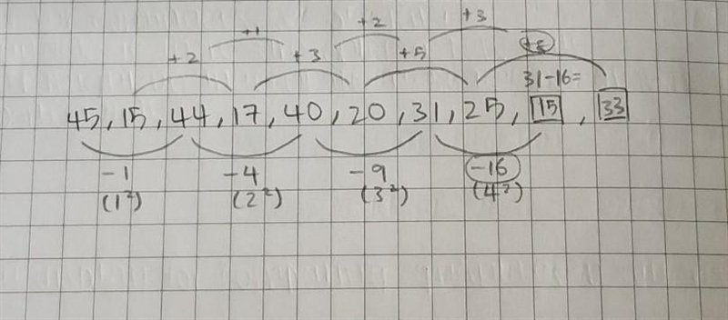 What are the next two numbers in the pattern of numbers; 45, 15, 44, 17, 40, 20, 31, 25, ...-example-1