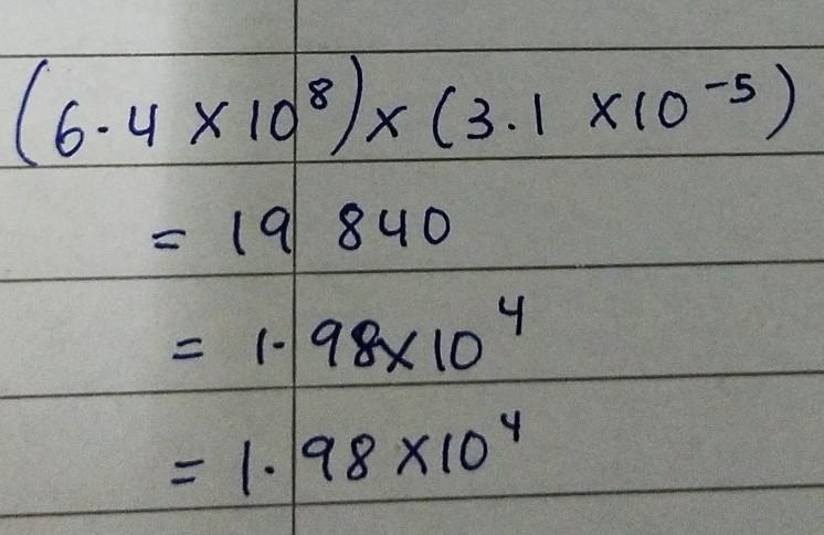 Multiply 6.4 x 108 by 3.1 x 10-5 and leave the answer in standard form.​-example-1