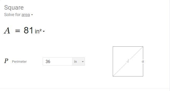 The perimeter of a square is 36 inches, Find the area of the square in inches-example-1